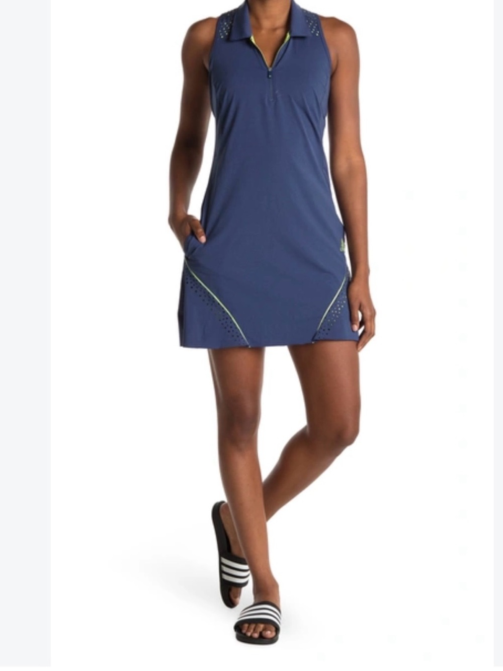 adidas Navy Sleeveless Zip-Front Swim Dress with Lime Accents